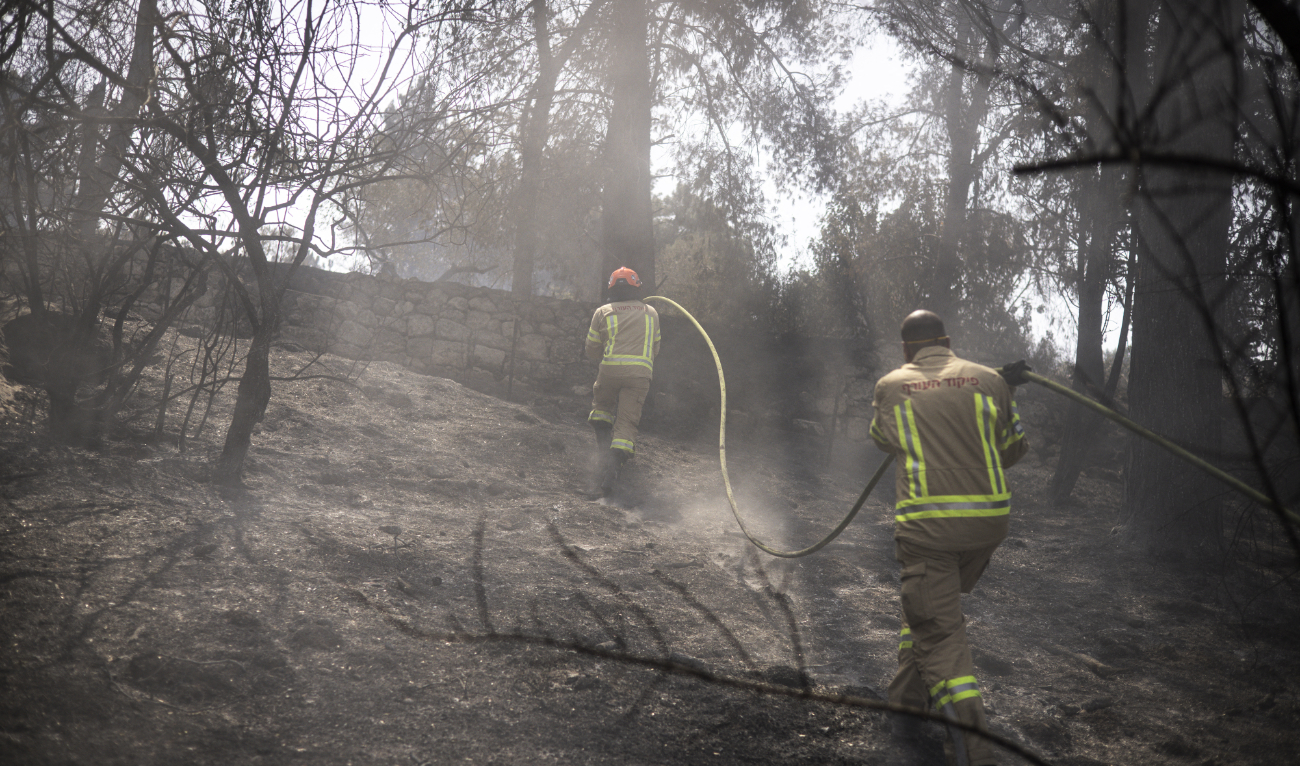 Israeli firefighters help to extinguish a fire near Latrun Monastery in central Israel, on May 1, 2025. (AFP)