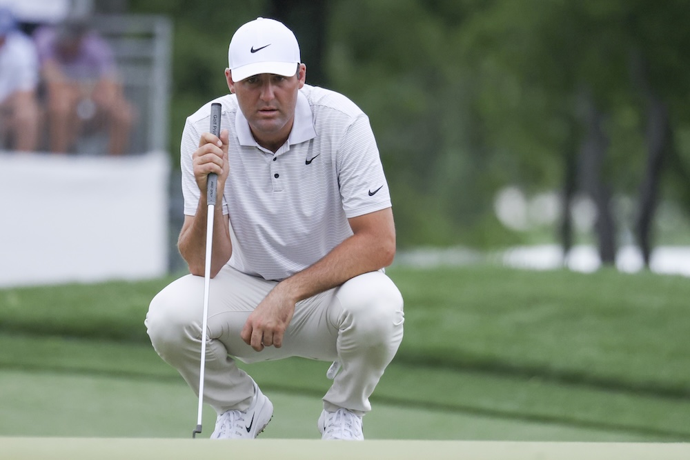 Scottie Scheffler works the 16th green during the first round of the CJ Cup Byron Nelson golf tournament in McKinney, Texas, Thursday. (AP)