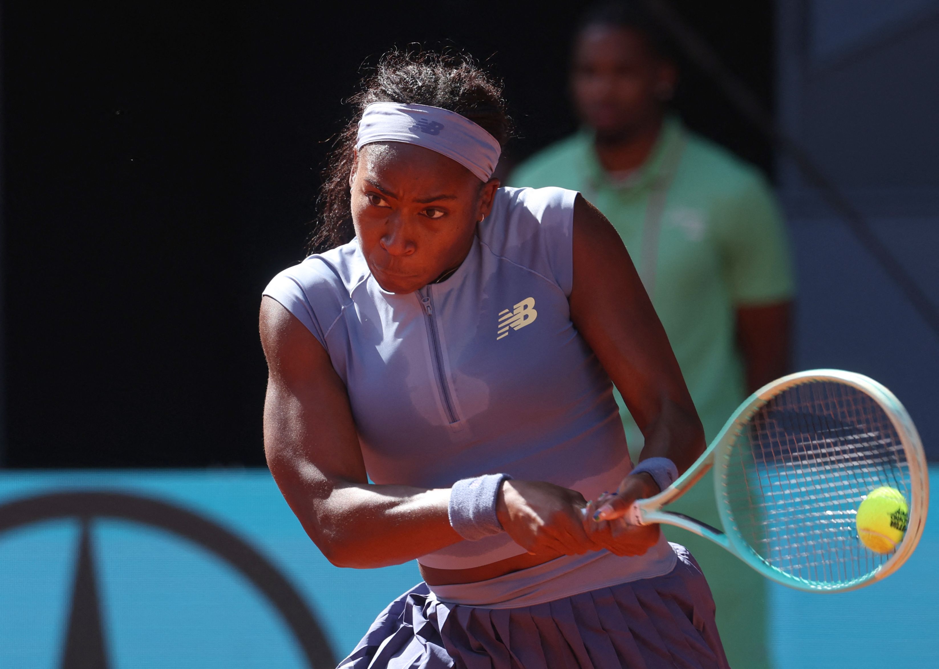 USA’s Coco Gauff returns the ball to Poland’s Iga Swiatek during their 2025 WTA Tour Madrid Open tennis tournament semifinal singles match at the Caja Magica in Madrid Thursday. (AFP)