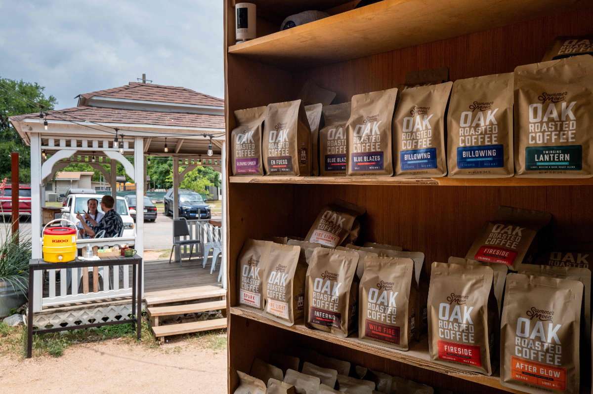 Coffee bags are displayed on shelves at the Summer Moon Coffee roastery on May 02, 2025 in Austin, Texas. Coffee prices, already high as severe drought continues straining coffee production globally, are expected to rise because of President Donald Trump's 10% tariffs. (Getty Images via AFP)