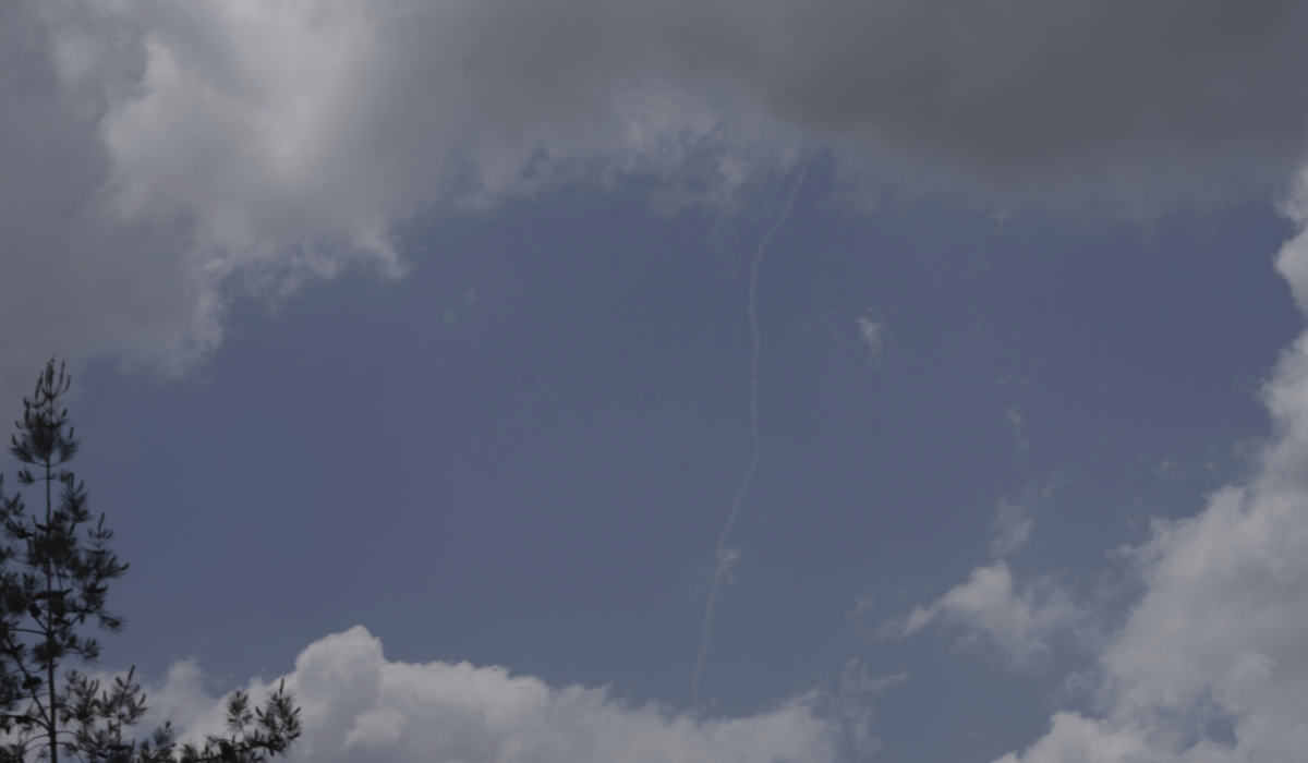Contrails from the Israeli Iron Dome air defense system fires to intercept projectiles that were launched from Yemen, seen from Highway 1 between Tel Aviv, Israel and Jerusalem, Friday, May 2, 2025. (AP)