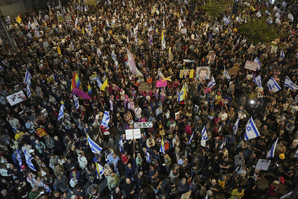 Israelis demonstrate in Tel Aviv on May 3, 2025 to demand an end to the war in Gaza, the immediate release of hostages held by Hamas, and to denounce Prime Minister Benjamin Netanyahu's government. (AP Photo)