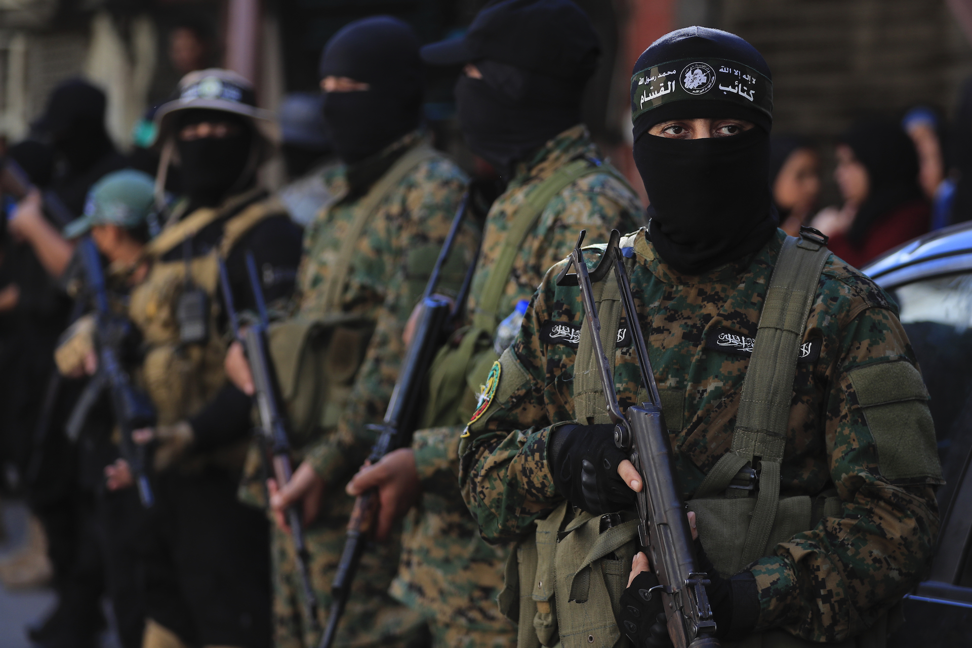Hamas fighters attend the funeral procession of Samer al-Haj, a Hamas official who was killed by an Israeli drone strike, at Ein el-Hilweh Palestinian refugee camp, in the southern port city of Sidon, Aug. 10, 2024. (AP)