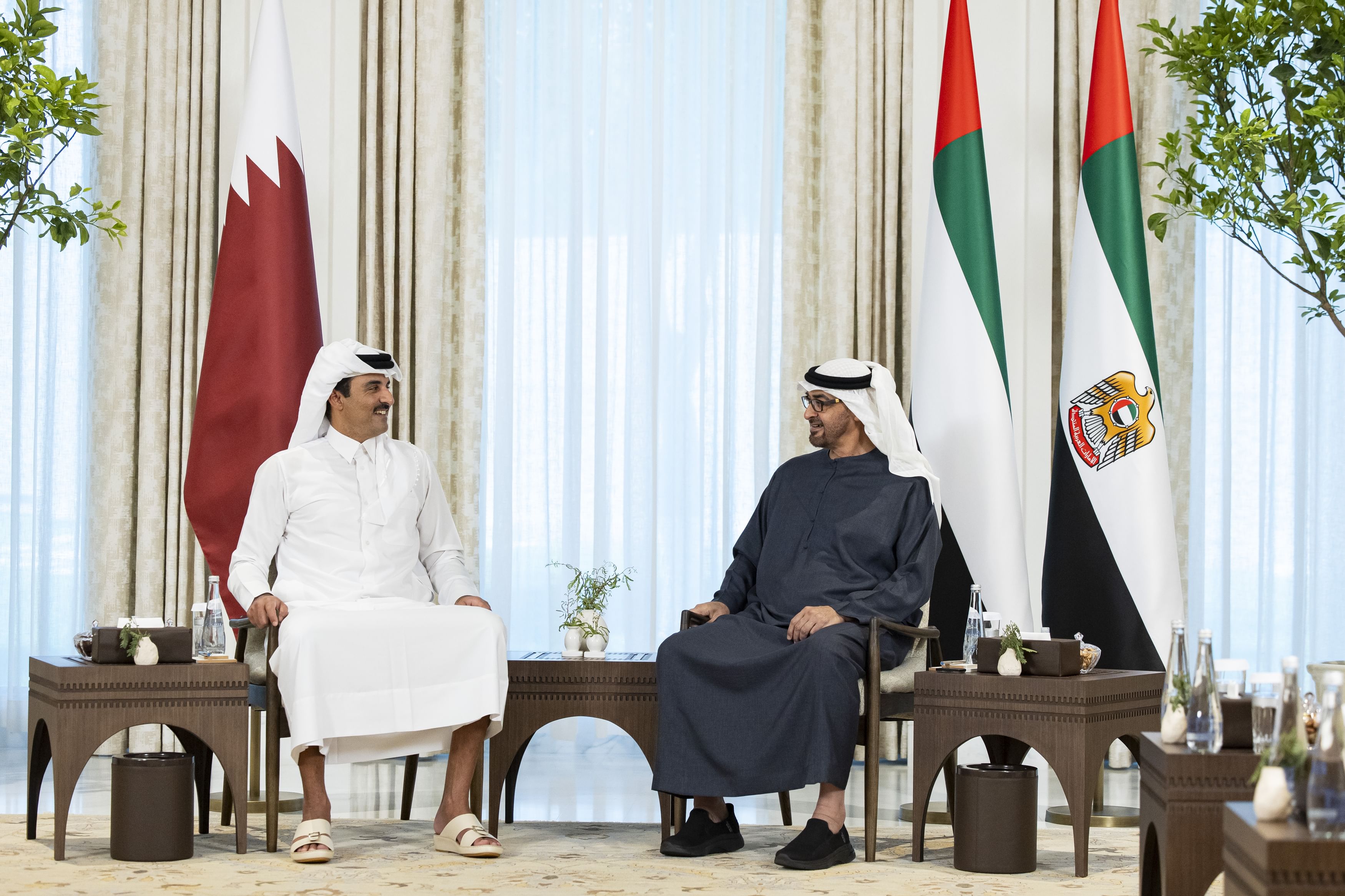 UAE president Sheikh Mohamed bin Zayed Al-Nahyan and Qatar emir Sheikh Tamim bin Hamad Al-Thani in Abu Dhabi. (WAM)