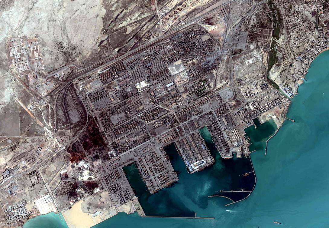 This image shows a crater after an explosion at the Shahid Rajaee port dock southwest of Bandar Abbas in the Iranian province of Hormozgan on April 28, 2025. (AFP)