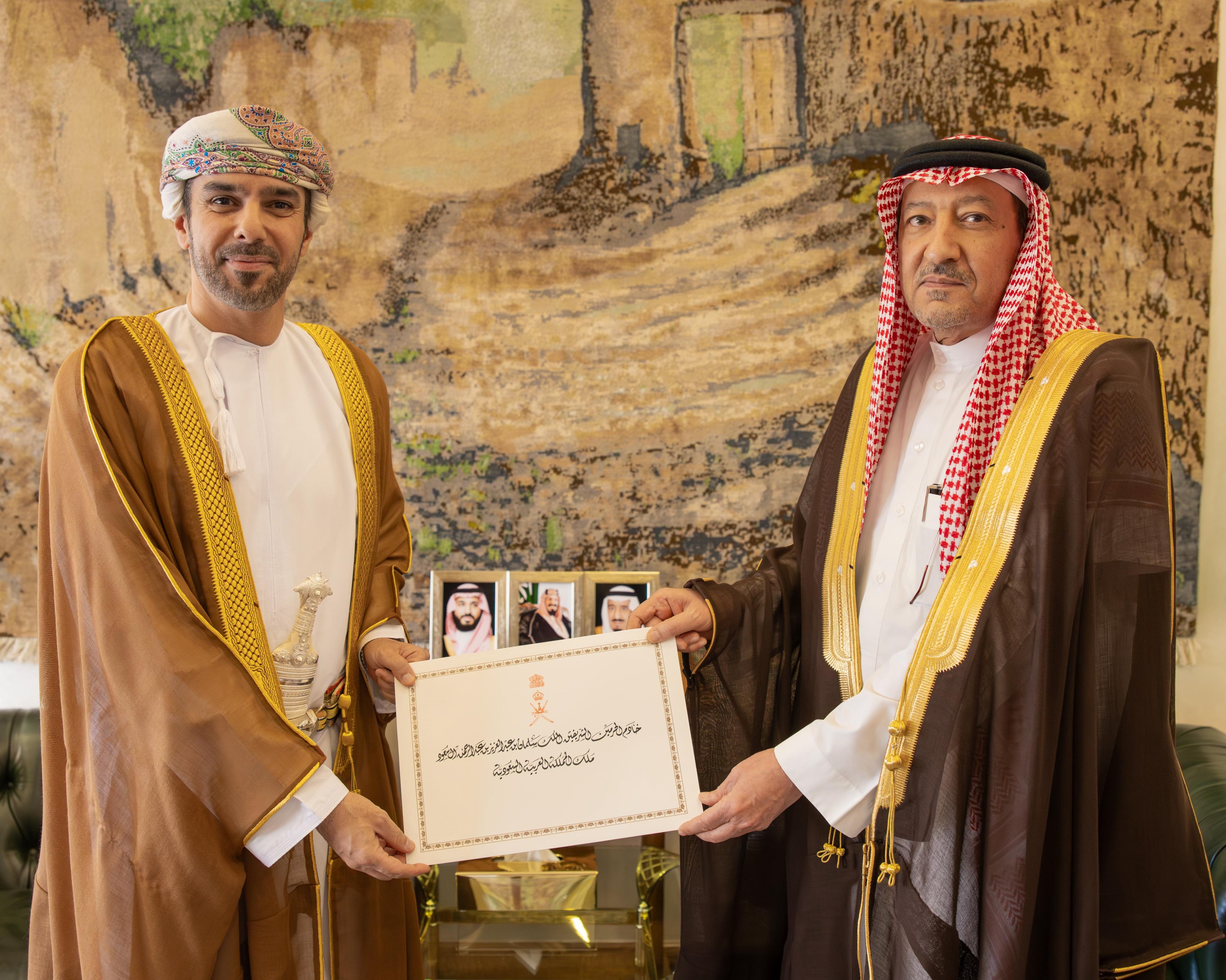 Saudi Deputy Foreign Minister Waleed Al-Khuraiji receives a copy of the credentials of the newly appointed Omani ambassador to the Kingdom Sayyid Najib bin Hilal Al-Busaidi. (SPA)