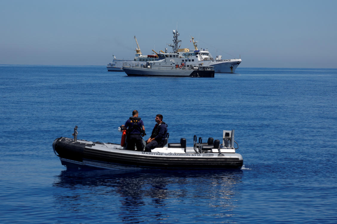 The damaged Gaza Freedom Flotilla vessel “Conscience” is anchored at sea outside Maltese territorial waters, after it was bombed by drones while carrying humanitarian aid to Gaza, May 3, 2025. (Reuters)