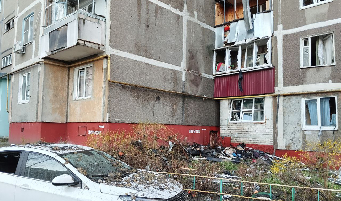 This handout photograph posted on the official Telegram account of the Government of the Kursk region on April 15, 2025, shows damage following an overnight drone attack in the city of Kursk. (AFP/File)