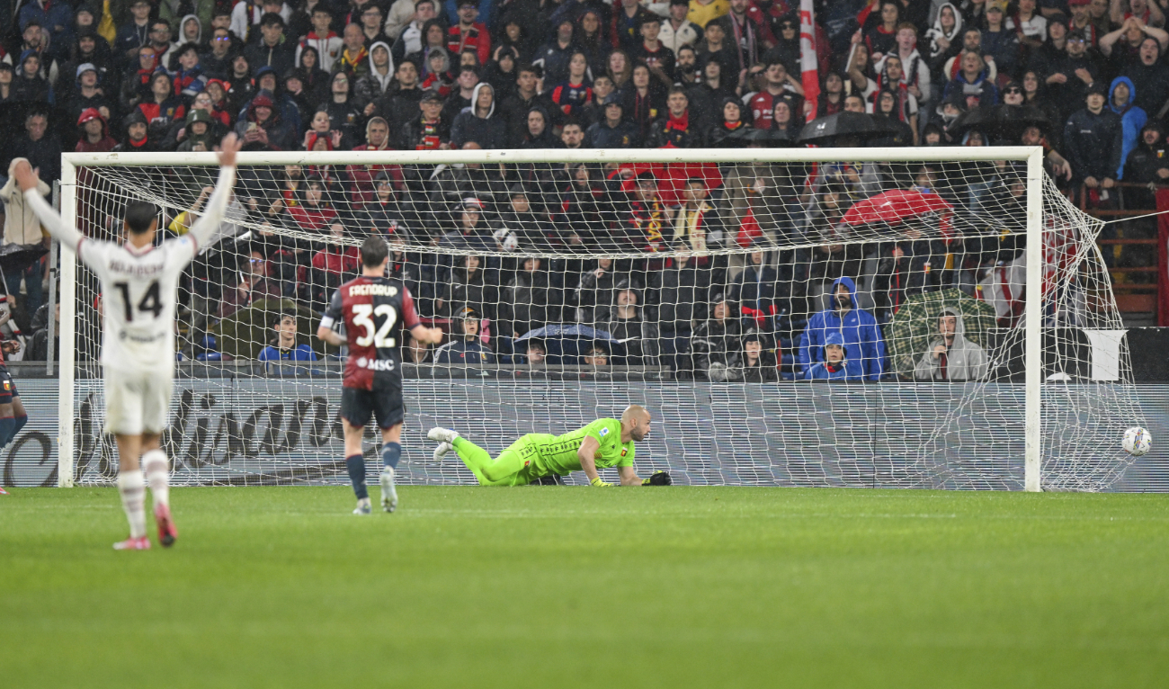 AC Milan’s Rafael Leao scores a goal during the Italian Serie A soccer match between Genoa and Milan at the Luigi Ferraris Stadium in Genoa, Italy, Monday. (AP)