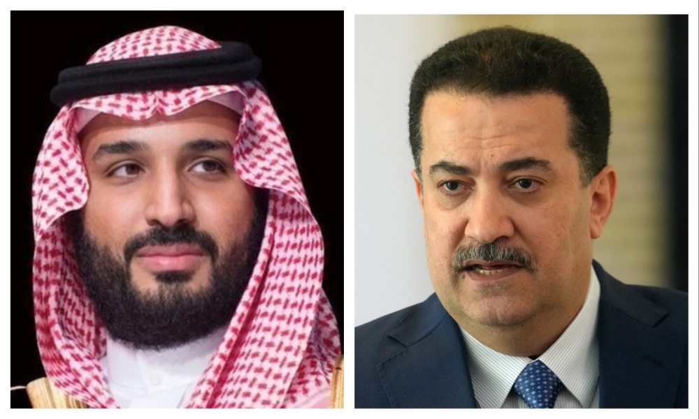 Saudi Arabia’s Crown Prince Mohammed bin Salman and Iraqi Prime Minister Mohammed Shia Al-Sudani. (File/SPA/AFP)