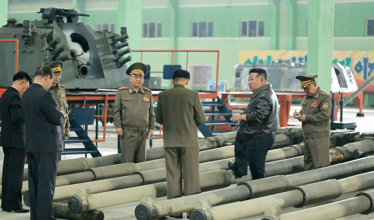 This undated picture released from North Korea's official Korean Central News Agency (KCNA) on May 4, 2025 shows North Korean leader Kim Jong Un inspecting a tank factory in an undisclosed location in North Korea. (AFP)