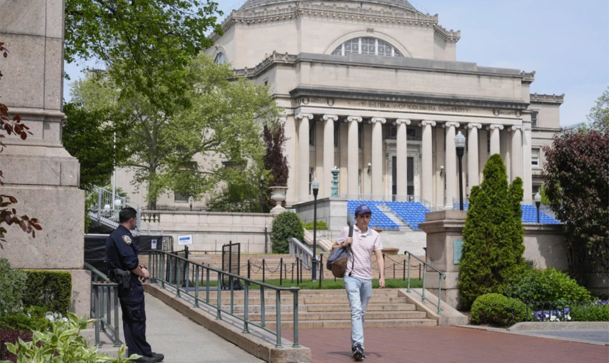 A New York City police officer keeps watch on the campus of Columbia University in New York, Monday, May 6, 2024. (AP)