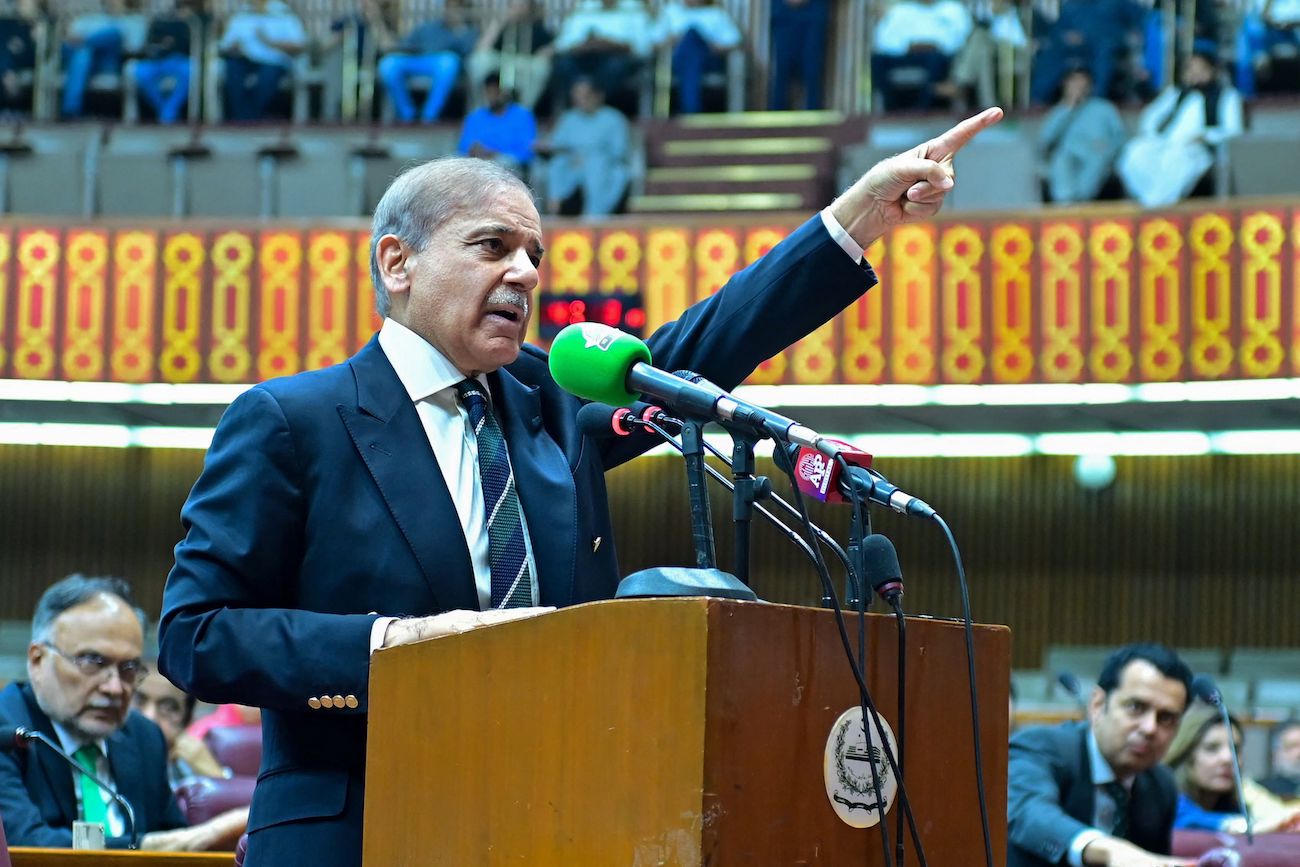 Pakistan’s Prime Minister Shehbaz Sharif addresses the special session at the National Assembly in Islamabad. (AFP)