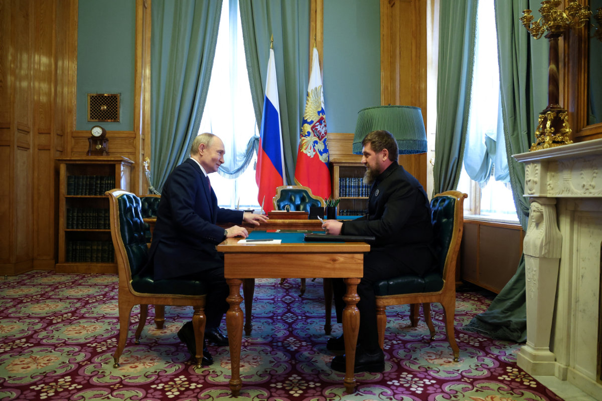 Russian President Vladimir Putin attends a meeting with Chechen leader Ramzan Kadyrov in Moscow on May 7, 2025. (Sputnik/Pool via REUTERS)