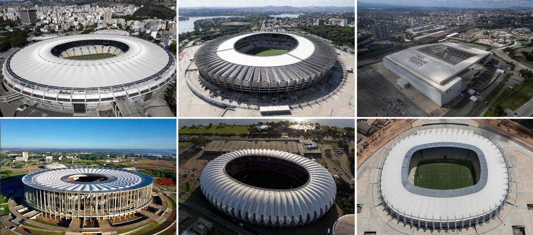 This combination of file pictures shows (top) Maracana stadium, Mineirao stadium, Neo Quimica Arena (bottom) Arena BRB Mane Garrincha stadium, Beira-Rio stadium and Castelao Arena. The eight cities that will host the 2027 Women's World Cup in Brazil are Sao Paulo, Rio de Janeiro, Brasilia, Belo Horizonte, Porto Alegre, Salvador, Fortaleza y Recife. (AFP)