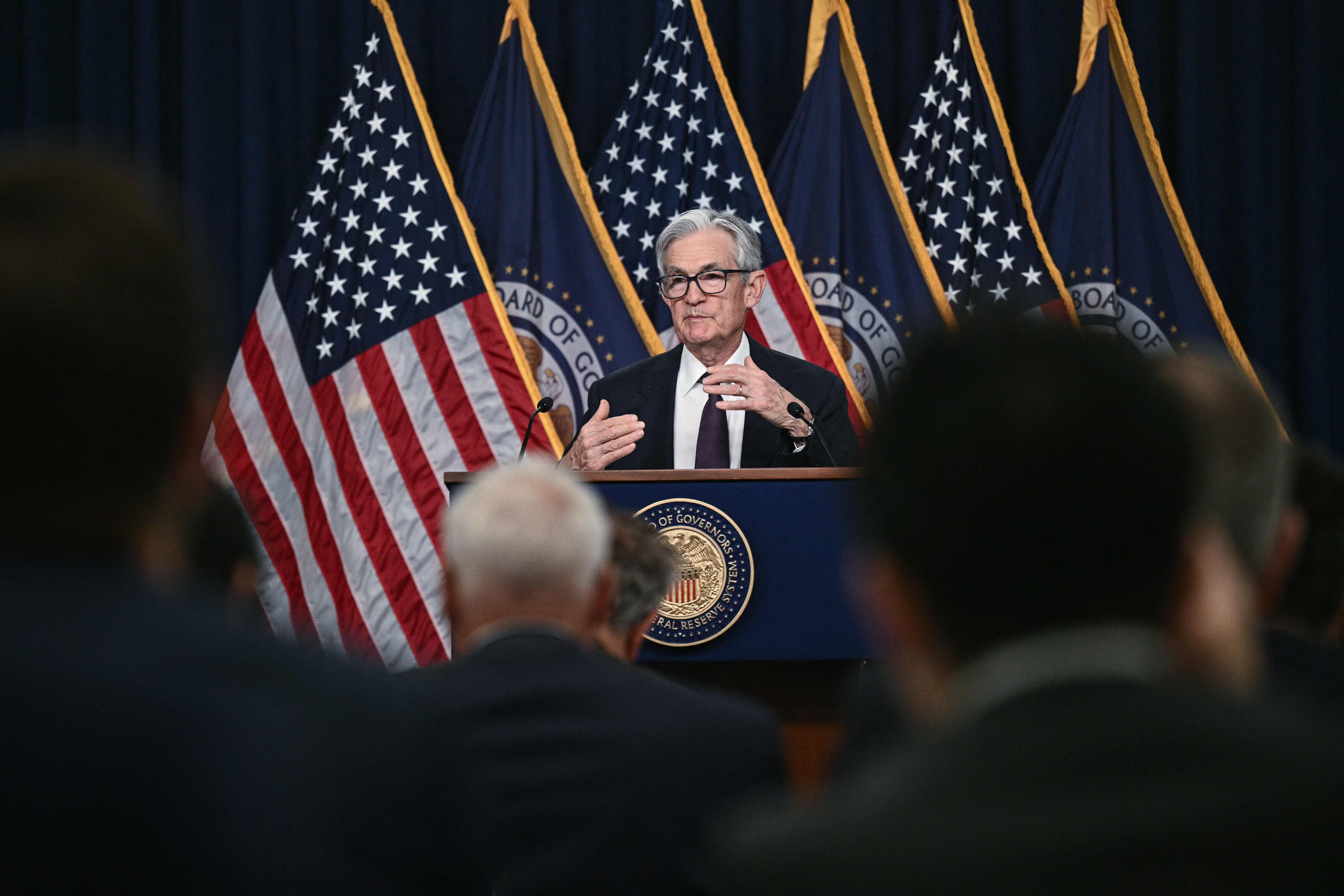 Fed Chair Jerome Powell holds press conference at end of Monetary Policy Committee meeting. AFP