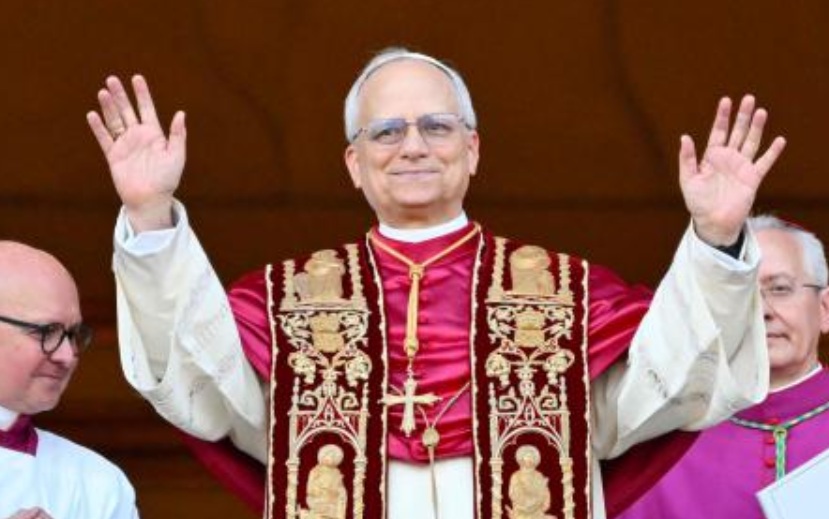Newly elected Pope Leo XIV, Robert Francis Prevost arrives on the main central loggia balcony of the St. Peter’s Basilica for the first time, after the cardinals ended the conclave, in The Vatican, on May 8, 2025. (AFP)