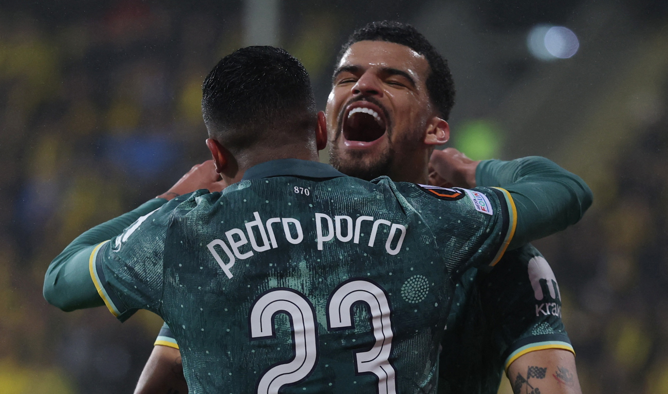 Tottenham Hotspur's Pedro Porro celebrates scoring their second goal with Dominic Solanke. (Reuters)