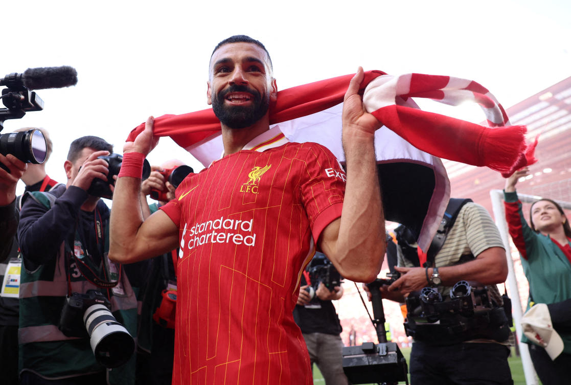 Liverpool’s Mohamed Salah celebrates after winning the English Premier League at Anfield, Liverpool, on Apr. 27, 2025. (Reuters/File)