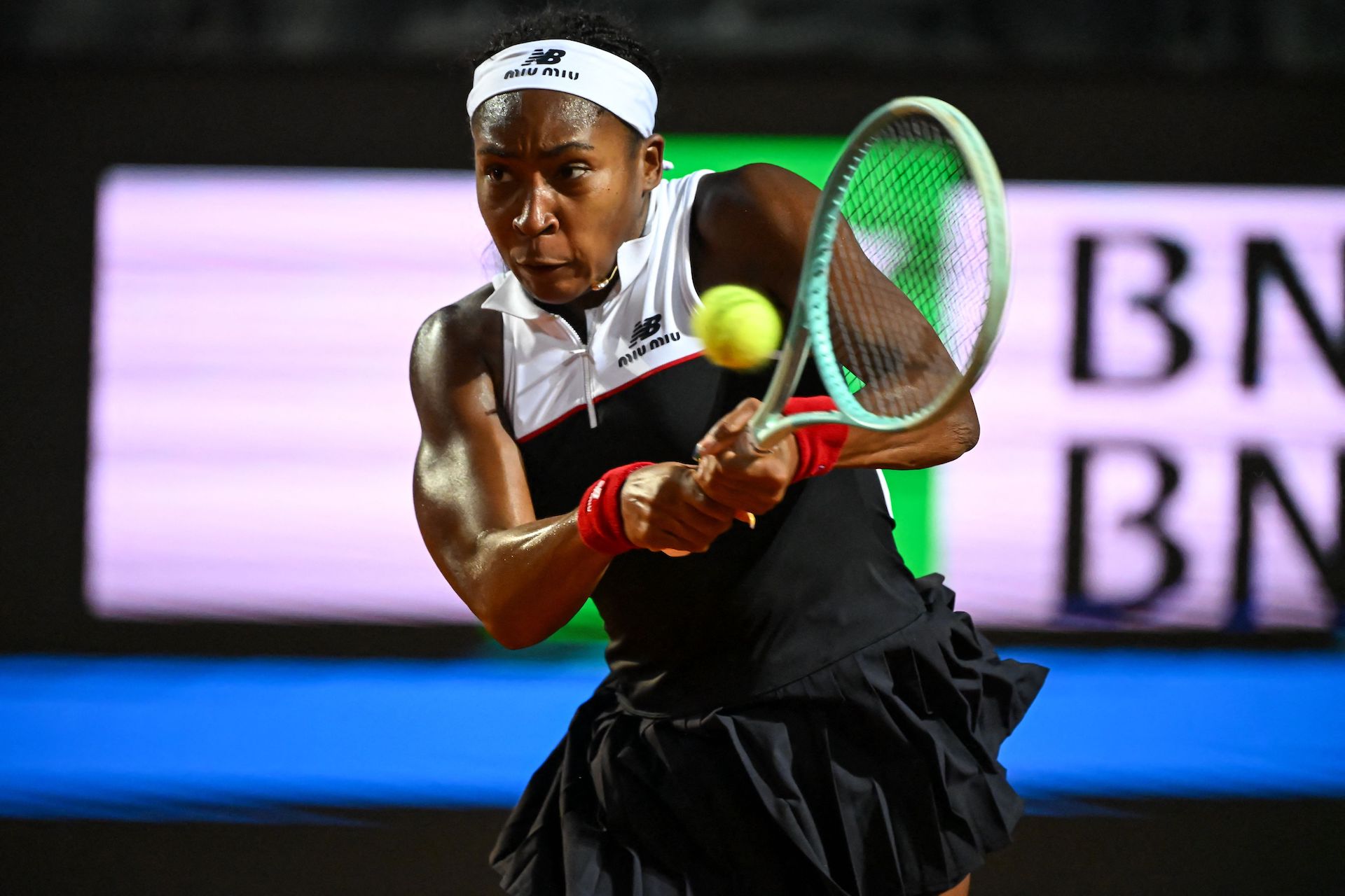 Coco Gauff of the US returns a shot to Canada's Victoria Mboko during their women's singles match at the WTA Rome Open tennis tournament at Foro Italico in Rome on Friday. (AFP)