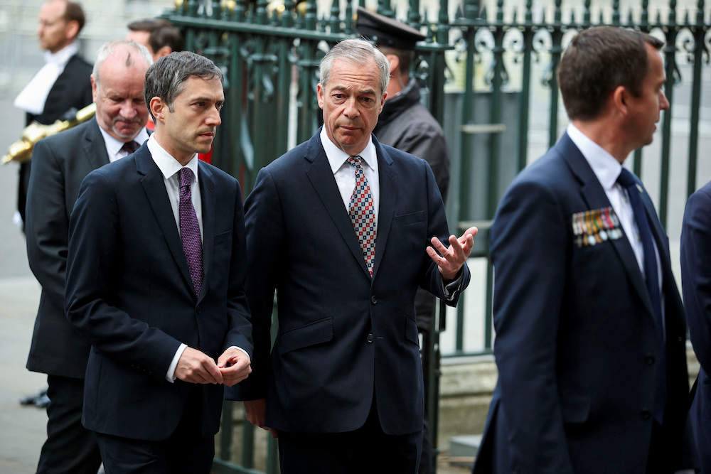 British MP and Reform UK party leader Nigel Farage arrives at Westminster Abbey to attend the Service of Thanksgiving as part of commemorations for the 80th anniversary of Victory in Europe (VE) Day in London, Britain, May 8, 2025. (Reuters)