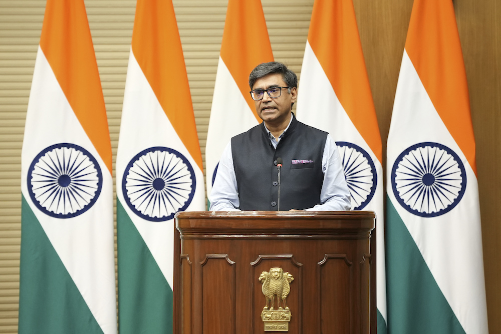 India’s Foreign Secretary Vikram Misri addresses the media at a press briefing in New Delhi, India, Saturday, May 10, 2025. (AP)
