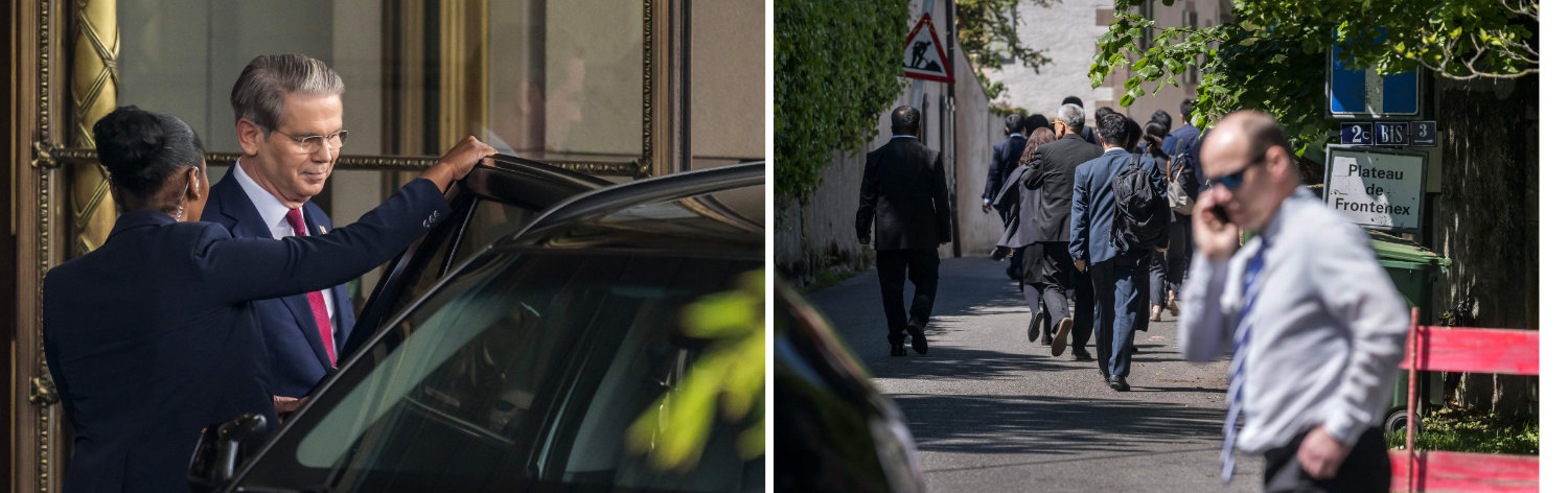 This combination image shows US Secretary of Treasury Scott Bessent (left frame) leaving his hotel to a meeting with Chinese officials (right frame) on tariffs in Geneva, on May 10, 2025. (AFP)