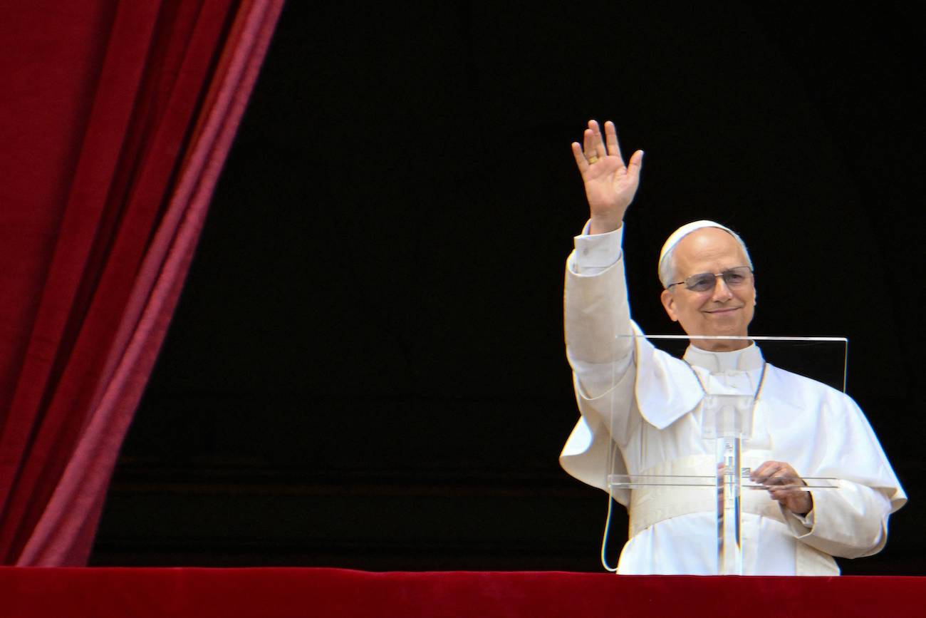 Pope Leo XIV delivers the Regina Caeli prayer from the main central loggia balcony of St Peter’s basilica in The Vatican, on May 11, 2025. (AFP)