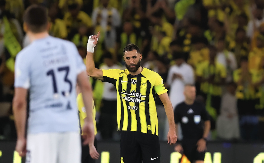 Karim Benzema fired Al-Ittihad to a 3-0 win over Al-Fayah on Sunday to put his team within touching distance of the Saudi Pro League (SPL) title. (X/@ittihad_en)