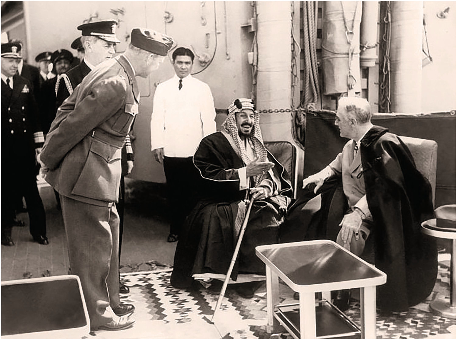 On Feb. 14, 1945, as World War II neared its end, President Franklin D. Roosevelt met King Abdulaziz aboard the USS Quincy in Egypt’s Great Bitter Lake, following the Yalta Conference. The meeting marked a historic turning point. Roosevelt sought King Abdulaziz’s counsel on the issue of Jewish refugees from Europe and looked to Saudi Arabia as a key player in shaping the postwar order. (Photo courtesy of MOFA)