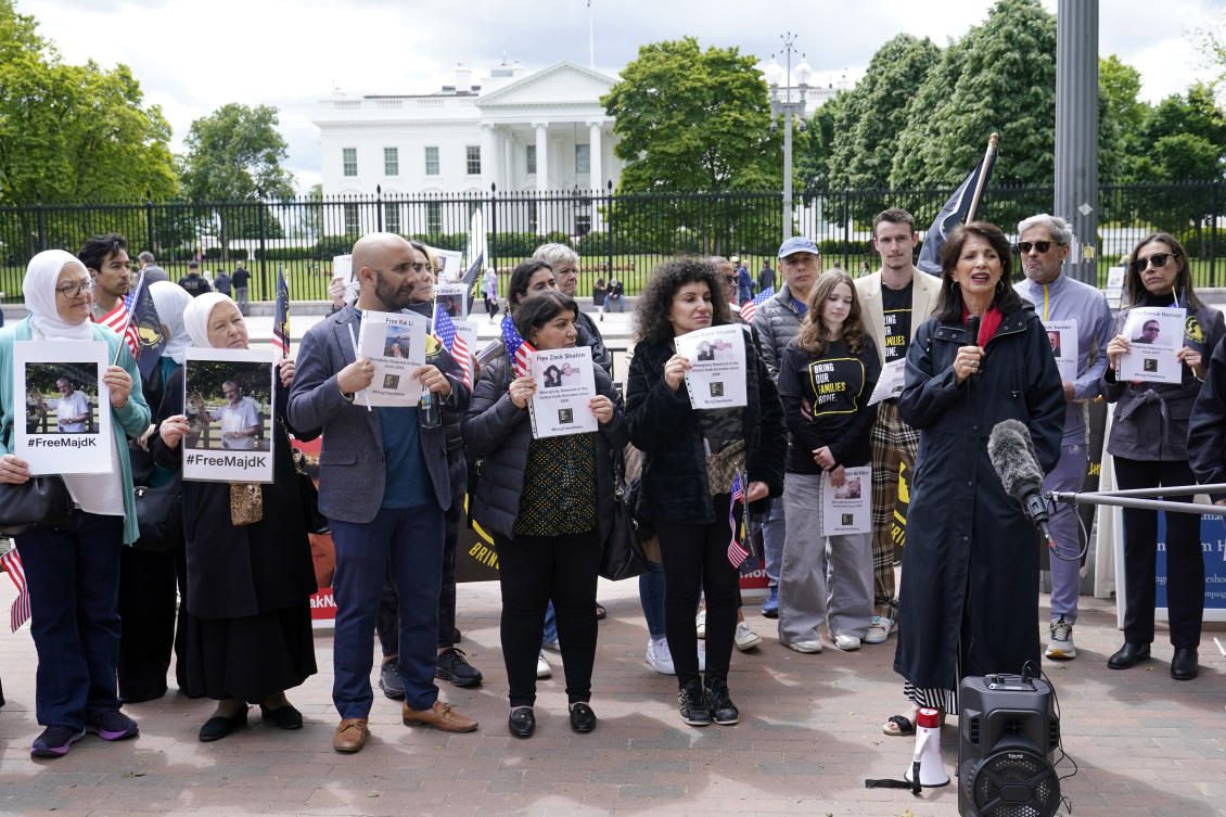 FILE - Diane Foley, right, mother of James Foley, who was kidnapped and beheaded by Daesh militants in 2014 while reporting on the conflict in Syria, speaks outside the White House in Washington, Wednesday, May 3, 2023, asking the Biden administration to help free hostages and detainees. (AP)