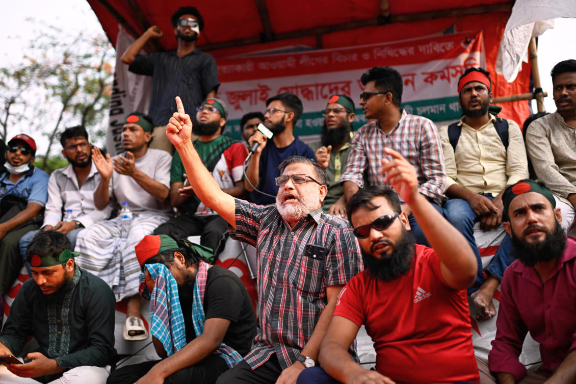 Protesters, some who were injured in protests against former Prime Minister Sheikh Hasina last year, demand a ban on her Awami League party, in Dhaka, Bangladesh, May 11, 2025. (AP)