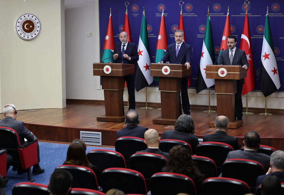 Turkish Foreign Minister Hakan Fidan attends a press conference with his Syrian counterpart, Asaad Al-Shibani, and Jordanian counterpart, Ayman Safadi, in Ankara, Turkiye, in this handout image released on May 12, 2025. (Reuters)