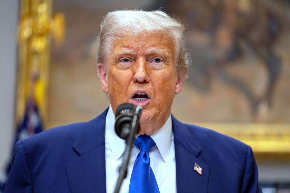 President Donald Trump answers a reporter’s question during an event in the Roosevelt Room at the White House, Monday, May 12, 2025, in Washington. (AP)