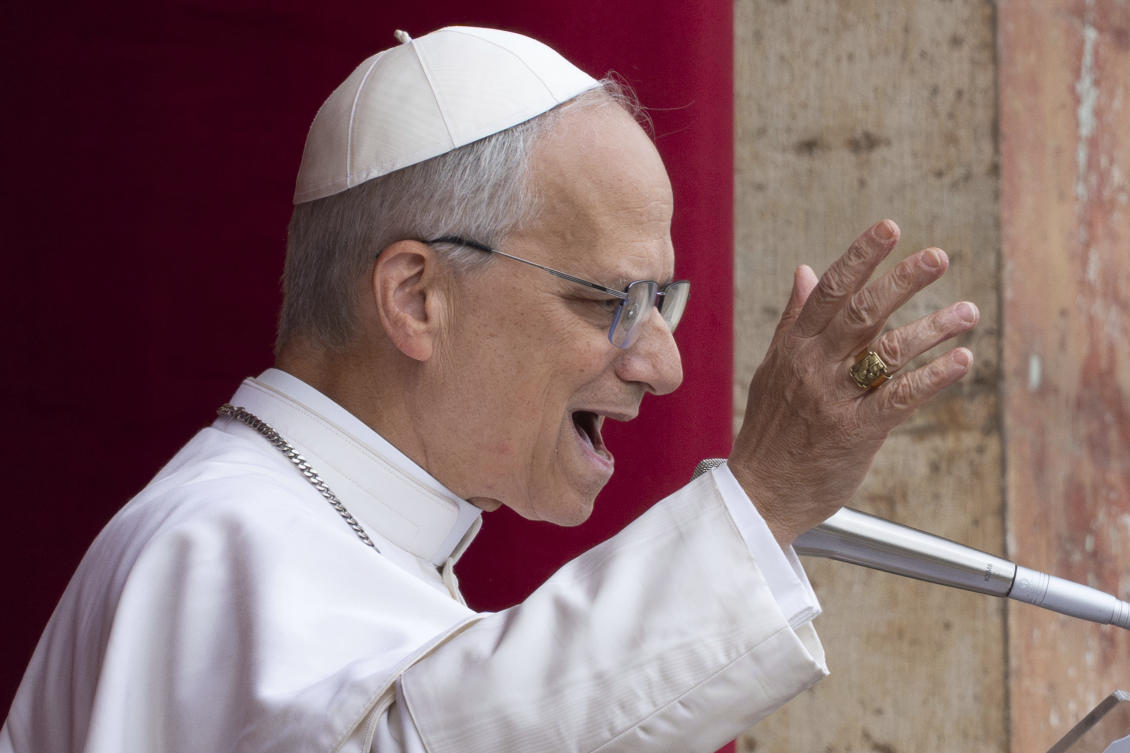 FILE- Pope Leo XIV speaks from the central balcony of St. Peter's Basilica on Sunday, May 11, 2025. (AP/File)