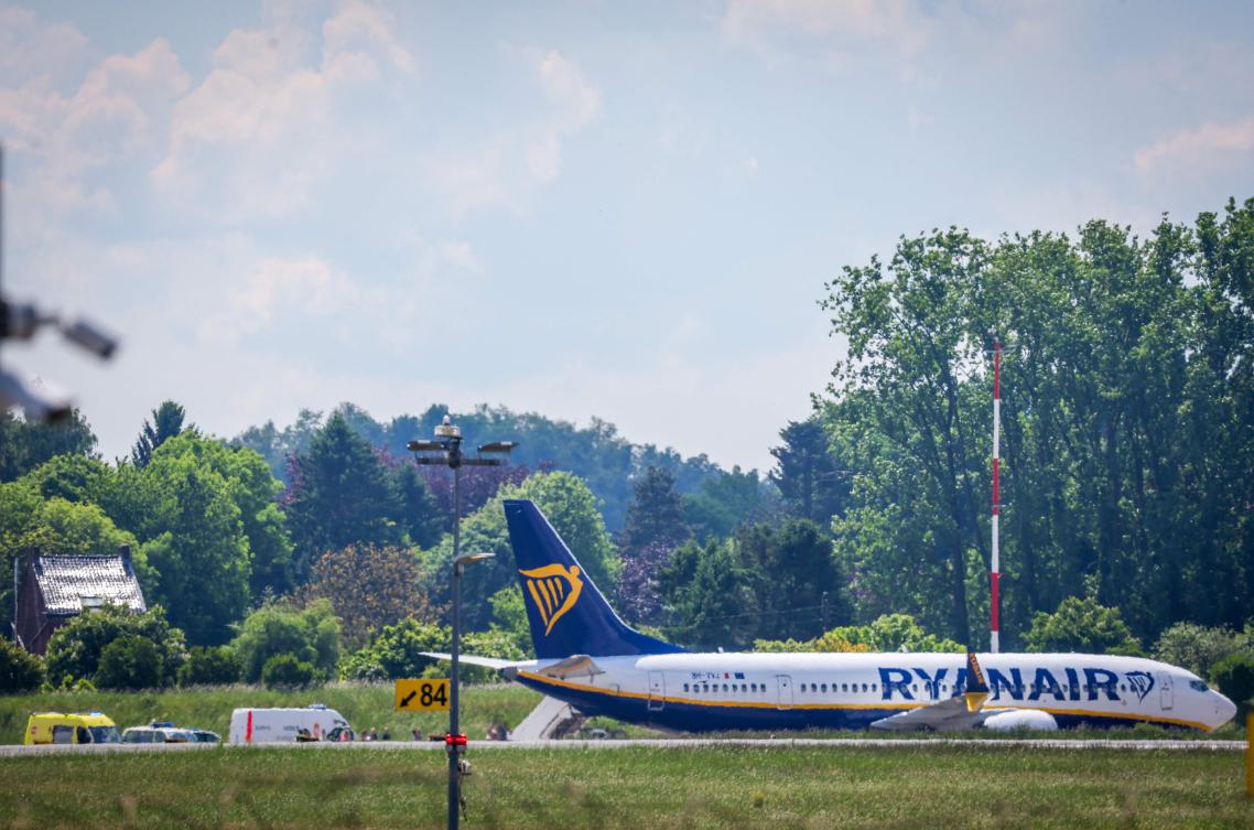 A Ryanair airplane coming from Porto is at standstill on the runway after a bomb alert at the Brussels South Charleroi Airport in Gosselies, on May 13, 2025. (AFP)