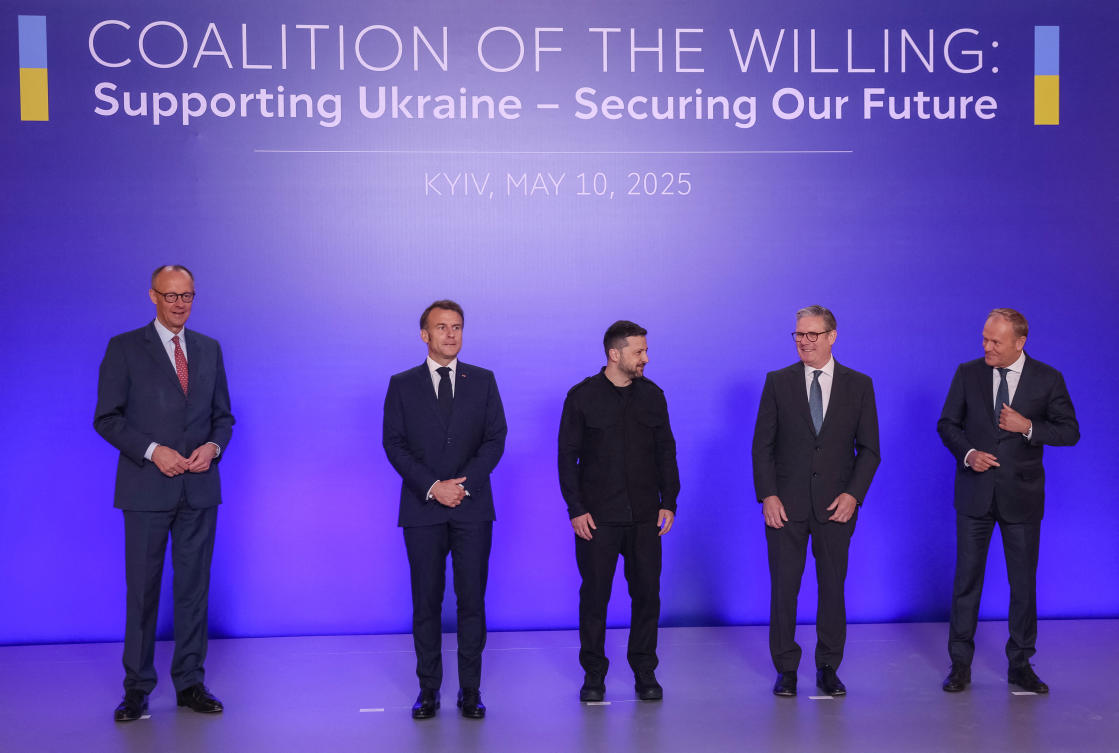 Ukraine’s President Volodymyr Zelensky, Britain’s Prime Minister Keir Starmer, French President Emmanuel Macron, German Chancellor Friedrich Merz and Poland’s Prime Minister Donald Tusk pose for a picture before their meting in Kyiv, on May 10, 2025. (Reuters)