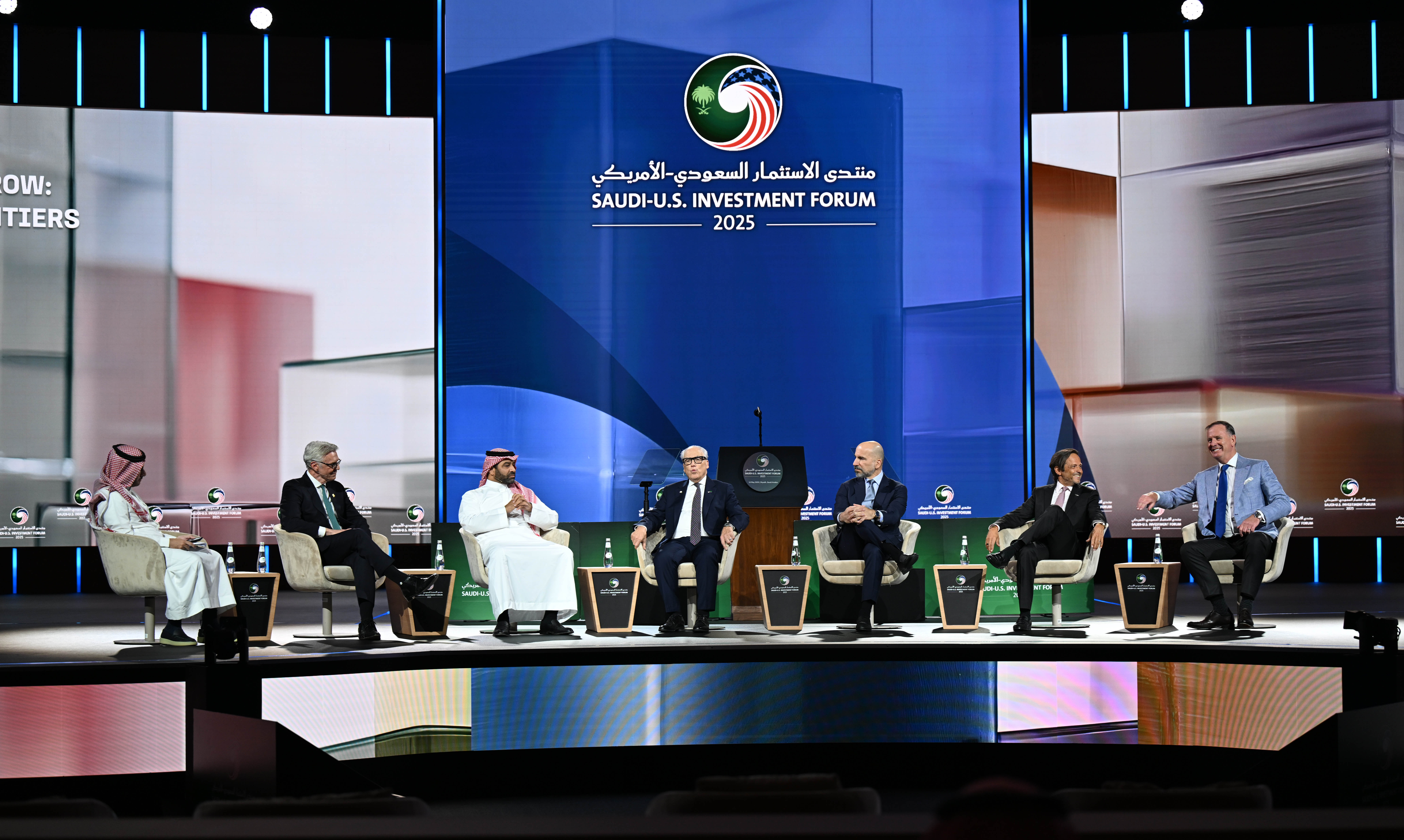 At Tuesday’s Saudi-US Investment Forum in Riyadh, a panel moderated by Arab News Editor-in-Chief Faisal J. Abbas (far left), discussed how giga-projects are reshaping the Kingdom’s global image. (AN Photo/Basheer Saleh)