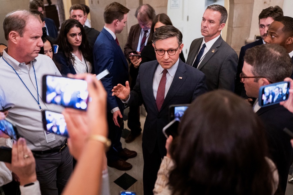 US House Speaker Mike Johnson speaks with members of the media. (Reuters)