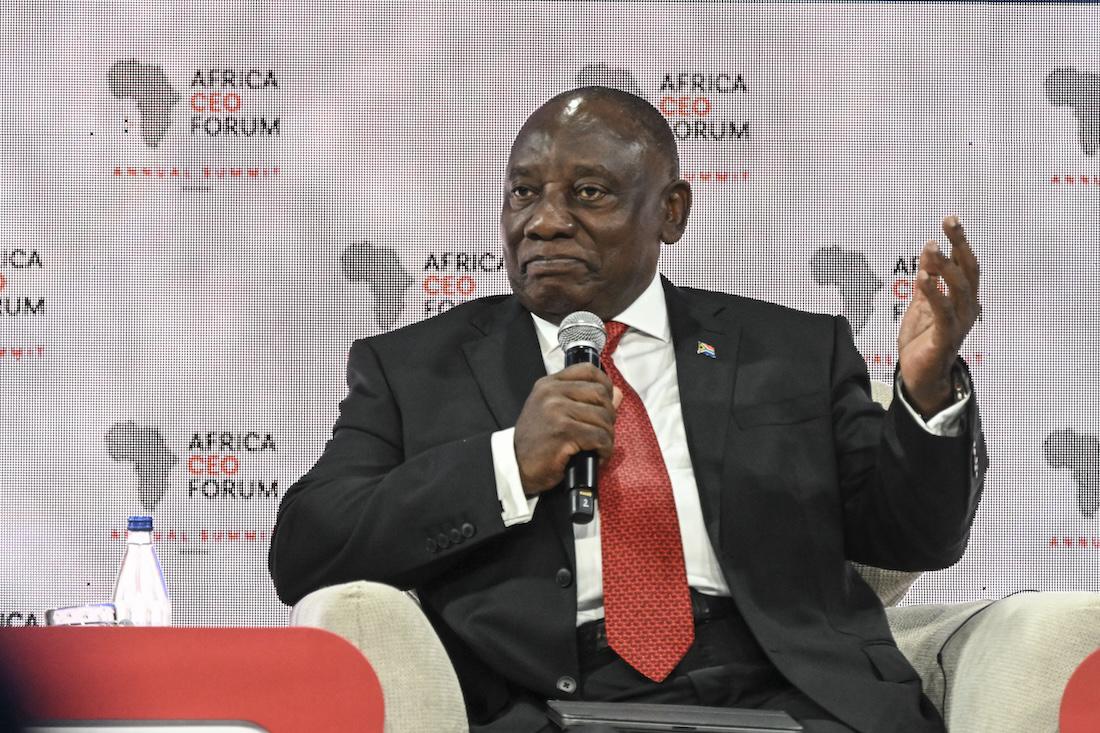 South Africa's President Cyril Ramaphosa speaks a presidential panel at the opening ceremony of the Africa CEO Forum annual summit in Abidjan. (File/AFP)