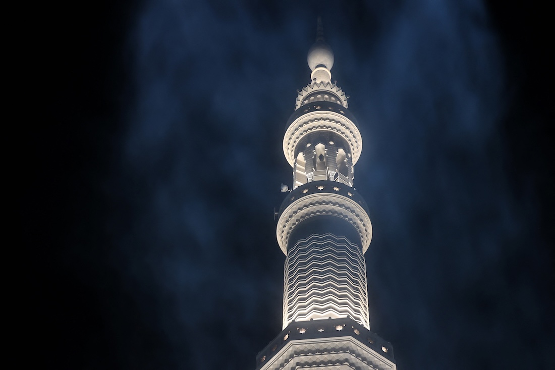A picture taken on April 4, 2024 shows a view of one of the minarets of the Al-Masjid an-Nabawi (Prophet's Mosque) in Saudi Arabia's holy city of Madinah