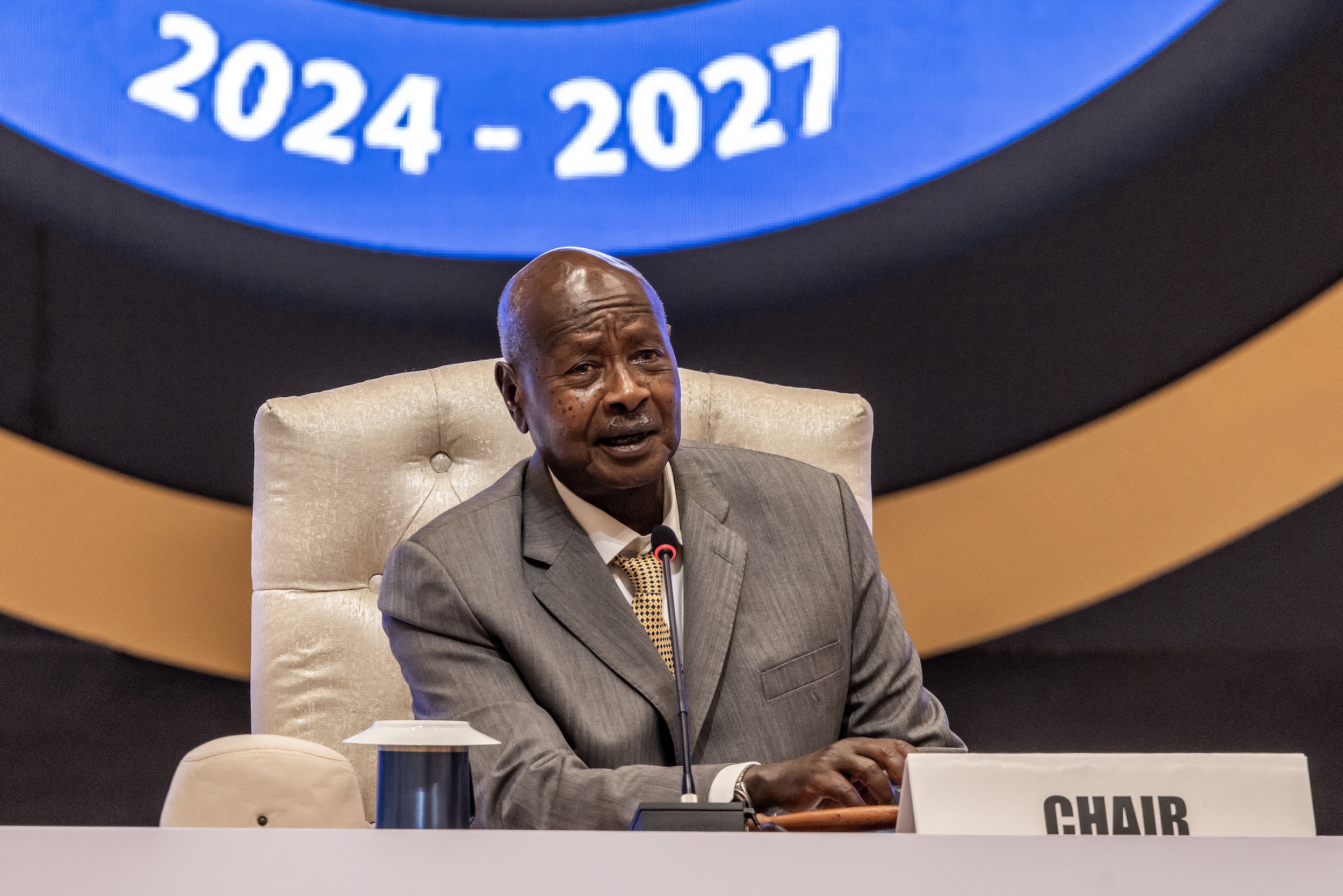 President of Uganda and new Chairman of the Non-Aligned Movement (NAM) Yoweri Museveni delivers his remarks during the 19th Summit of Heads of State and Government of the NAM in Kampala, Jan. 19, 2024. (AFP)