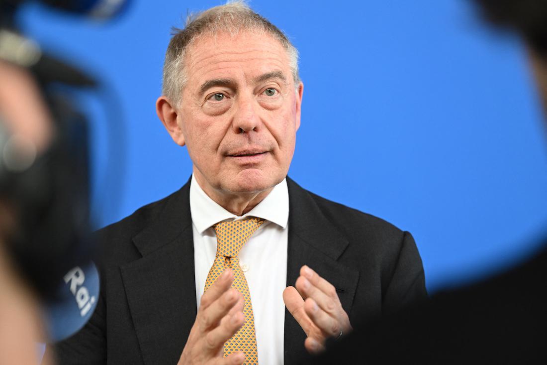 Italy's Minister for Business and "Made in Italy" Adolfo Urso adresses the press following a trilateral meeting on the European industrial policy in Meudon. (File/AFP)
