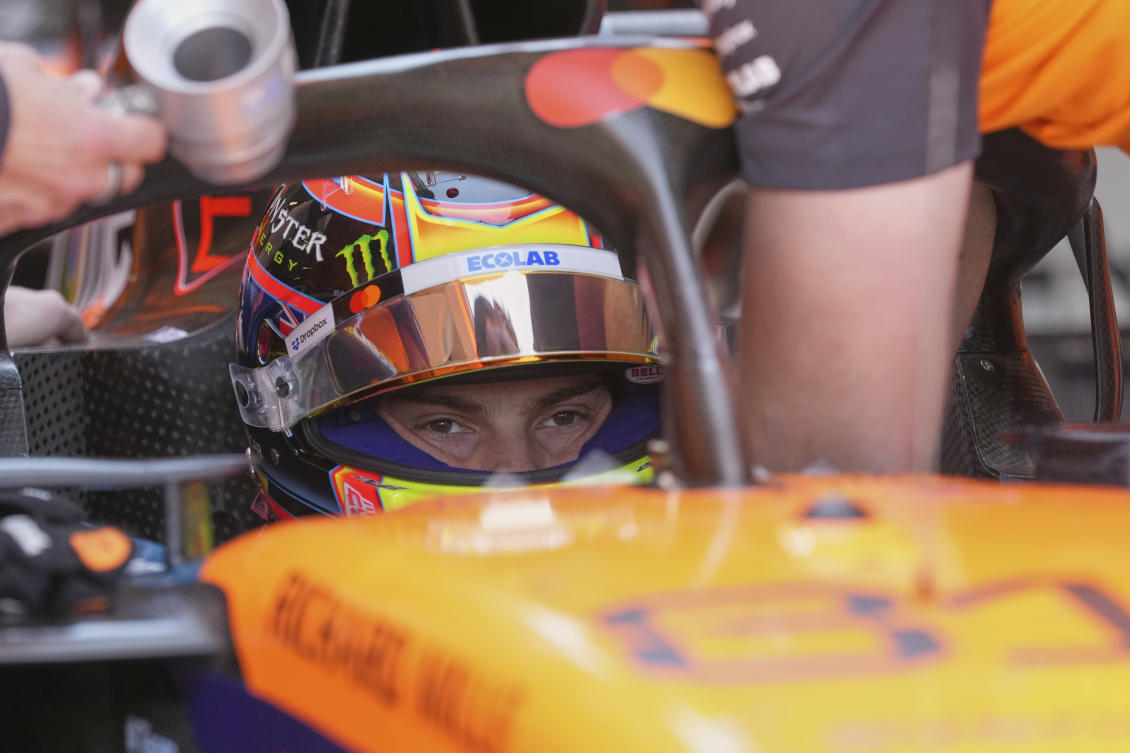 McLaren driver Oscar Piastri of Australia sits in his car during the first free practice at the Enzo and Dino Ferrari racetrack, ahead the Italy’s Emilia Romagna Formula One Grand Prix, in Imola, May 16, 2025. (AP)