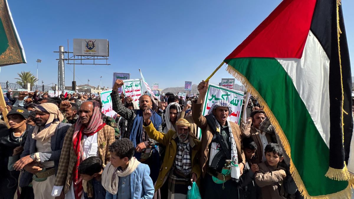 Protesters, predominantly Houthi supporters, demonstrate to show solidarity with the Palestinians in Gaza on Friday, before Israel bombed Yemeni ports. (Reuters)