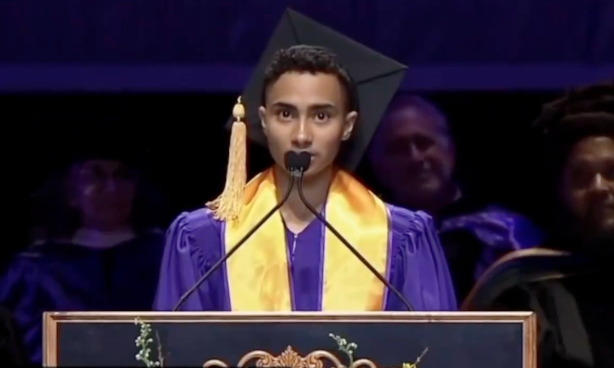 Logan Rozos used his graduation speech to condemn Israel’s widespread slaughter in Gaza. (Screengrab)