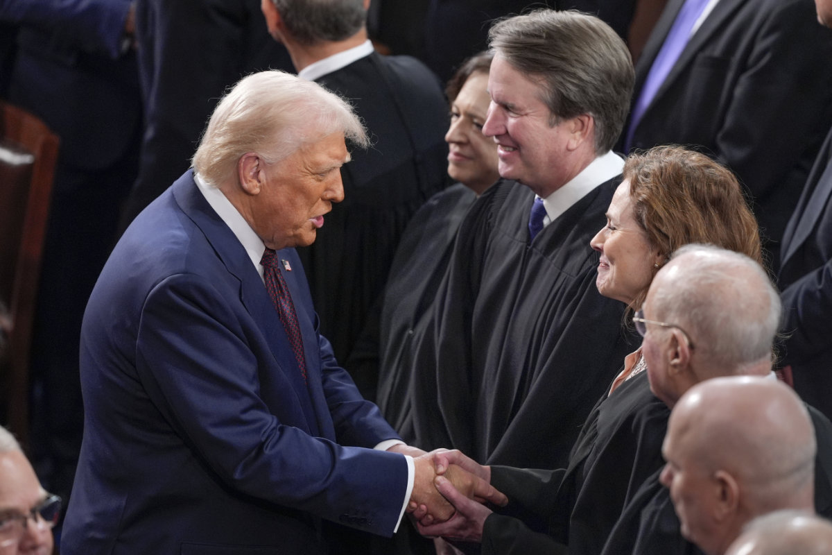 President Donald Trump, left, greets justices of the Supreme Court, from left, Elena Kagan, Brett Kavanaugh and Amy Coney Barrett, before addressing a joint session of Congress at the Capitol in Washington, on March 4, 2025. (AP Photo/File)