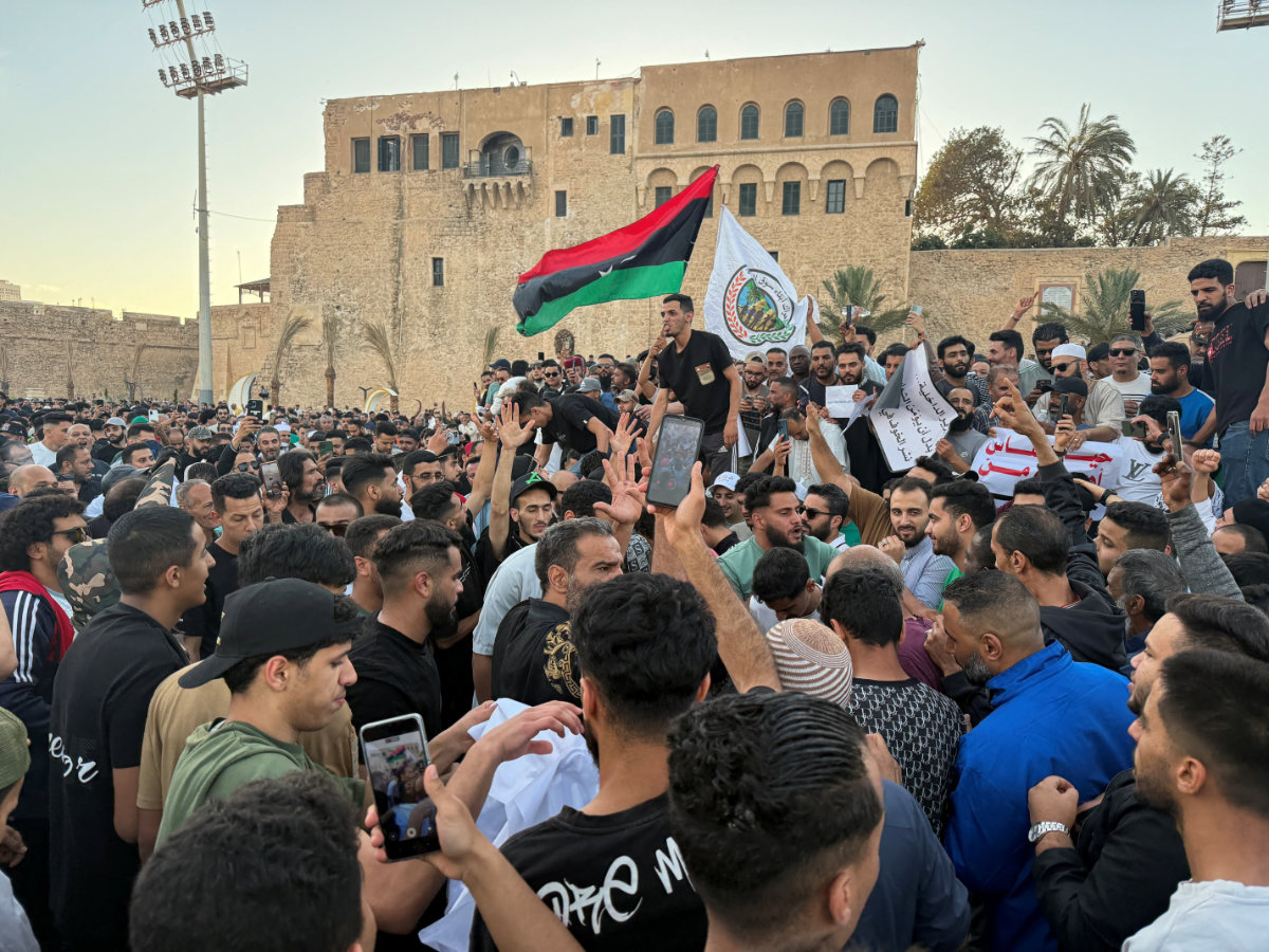 Demonstrators demonstrate at Martyrs' Square in Tripoli on May 16, 2025, demanding that Libya's Government of National Unity headed by Abdulhamid al-Dbeibah steps down. (REUTERS)
