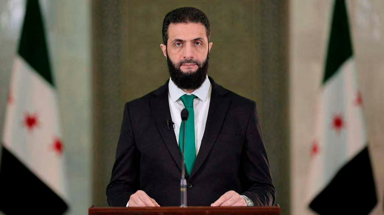 Syria's President Ahmed al-Sharaa delivers a speech at the Presidential Palace in Damascus, Syria. (Reuters)
