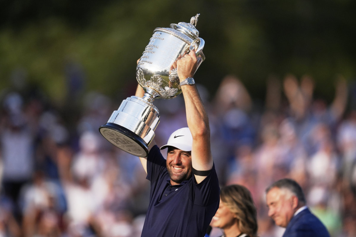 Scottie Scheffler holds the Wanamaker trophy after winning after winning the PGA Championship golf tournament at the Quail Hollow Club, Sunday, May 18, 2025, in Charlotte, North Carolina (AP Photo)